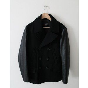 Mackage for Harry Rosen Black Wool Pea Coat with Leather Sleeves Size 38